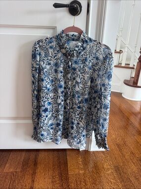 Misa Los Angeles Blue and White Floral Ruffle Neck Blouse (button down)